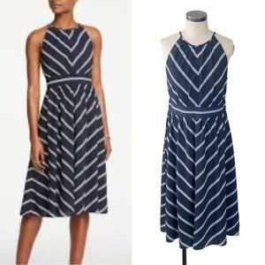 NEW Ann Taylor Halter Neck Fit Flare Midi Dress 8 Navy Blue White Stripe 500379